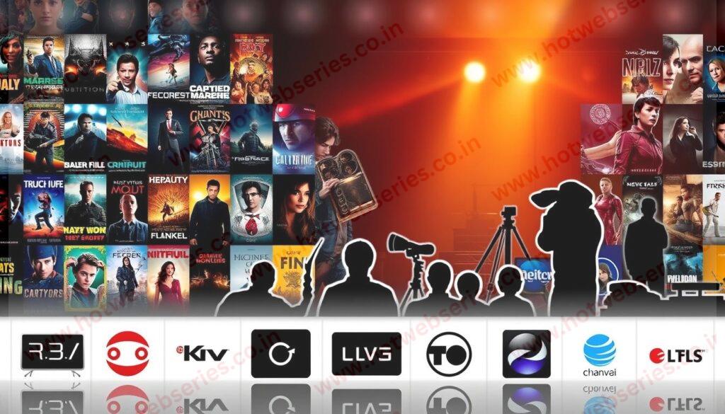 A cinematic collage showcasing an array of film genres and entertainment channels. In the foreground, a vibrant mosaic of iconic movie posters - from action-packed blockbusters to thought-provoking dramas, each with a distinct style and mood. In the middle ground, sleek silhouettes of various TV channel logos, representing the diverse range of cinematic experiences available. The background features a cinematic lighting setup, with warm hues and dramatic shadows, evoking the immersive atmosphere of the silver screen. The overall composition conveys the richness and versatility of the world of film, inviting the viewer to explore the full spectrum of genres and viewing options.