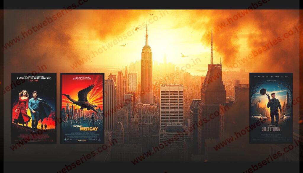A cinematic masterpiece unfolding against a richly textured, atmospheric backdrop. In the foreground, five iconic movie posters stand out in bold, vibrant colors, capturing the essence of the most celebrated films of all time. The middle ground features a sweeping cityscape, with towering skyscrapers and bustling streets, hinting at the global impact and timeless appeal of these cinematic gems. The background is bathed in warm, golden lighting, creating a sense of nostalgia and timelessness. The overall composition evokes a sense of grandeur, celebration, and the enduring power of storytelling through the medium of film.