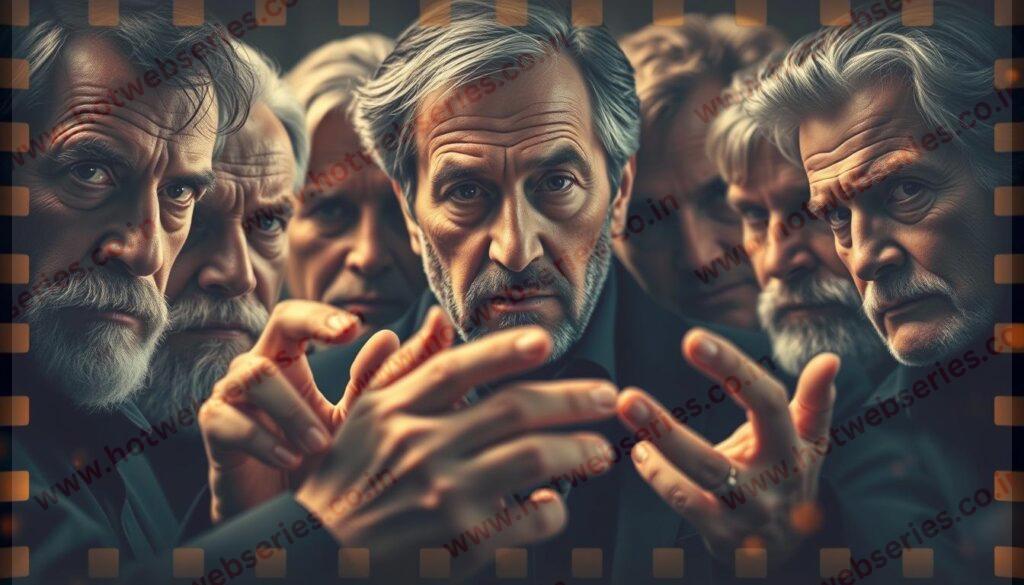 A cinematic pantheon of visionary directors, their faces etched with the wisdom of countless hours behind the lens. In the foreground, a tight framing captures their penetrating gazes, each gaze a window into a unique creative vision. The middle ground reveals their hands, gesturing with the confidence of masters, as if conducting an invisible symphony of light, shadow, and emotion. The background blurs into an abstract tapestry of film reels, celluloid, and the warm glow of vintage film stock, hinting at the timeless artistry that flows through their work. The mood is one of reverence and inspiration, a celebration of the directors who have shaped the art of cinema and left an indelible mark on the collective imagination.
