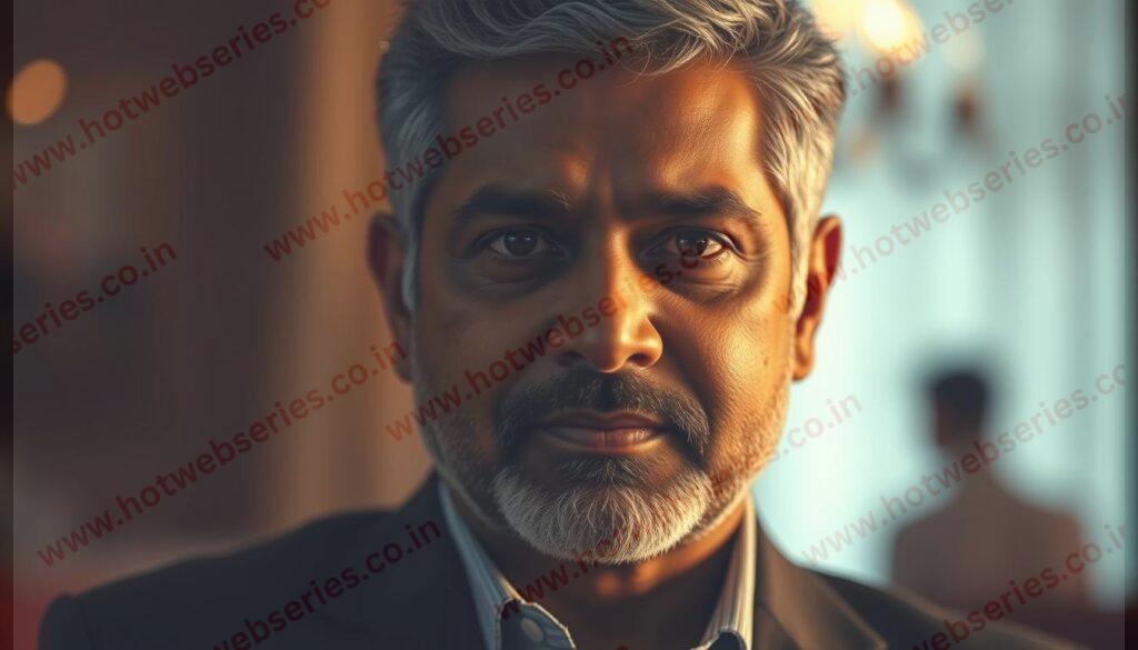 A close-up portrait of acclaimed Indian film director Gautham Vasudev Menon, captured in a warm, professional setting. Menon is positioned in the center of the frame, his face in sharp focus, with a subtle yet confident expression. The lighting is soft and diffused, creating a flattering, cinematic look. The background is slightly blurred, suggesting an elegant, sophisticated ambiance suitable for a celebrated filmmaker. Menon's attire is smart and stylish, reflecting his status as a prominent figure in the Indian movie industry. The overall composition and mood convey a sense of authority, creativity, and the high-caliber production values associated with Menon's acclaimed body of work.