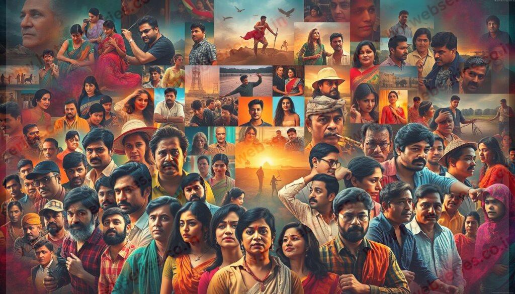 A colorful, dynamic composition depicting diverse narrative themes and stylistic elements of Indian uncut web series. In the foreground, a captivating array of characters, each with a distinct personality, emerges from a rich tapestry of vibrant colors and textures. The middle ground features a collage of intriguing story arcs, ranging from gritty social commentary to whimsical comedic beats, all framed by a cinematic lens. In the background, a mosaic of visual motifs - from urban cityscapes to rural landscapes - serves as a evocative backdrop, hinting at the breadth and depth of the uncut web series genre. Dramatic lighting and a sense of movement create a sense of energy and anticipation, inviting the viewer to explore the boundless creative possibilities of this burgeoning medium.