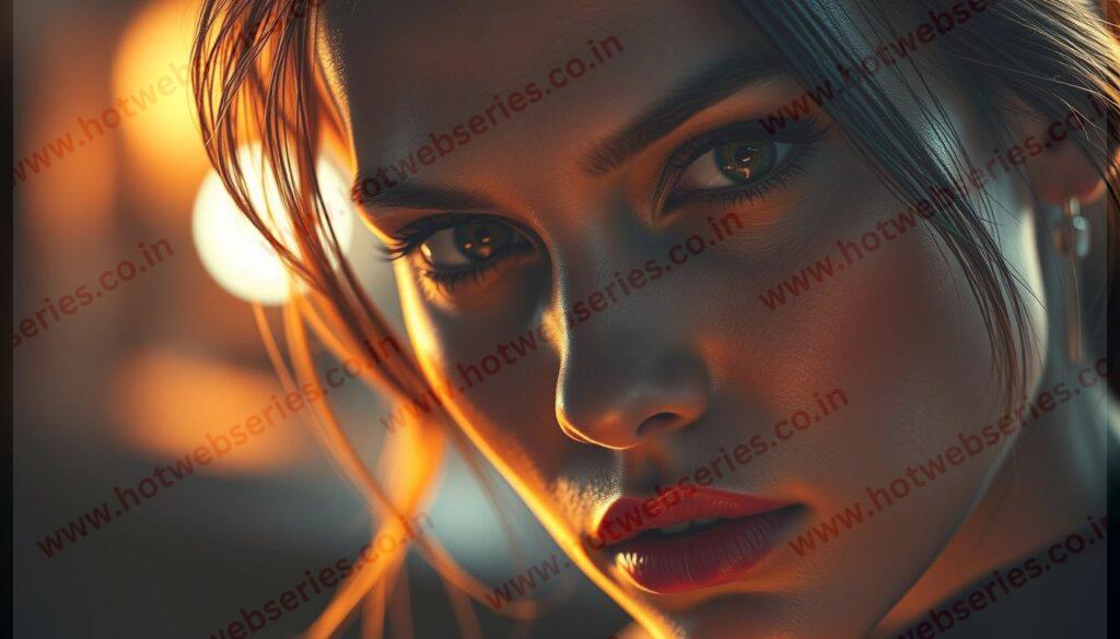 A detailed, hyper-realistic close-up portrait of the heroine from the movie "DD Returns Next Level", bathed in warm, dramatic lighting that accentuates her striking features and intense gaze. The character's face fills the frame, revealing intricate details of her striking bone structure, piercing eyes, and meticulously rendered skin texture. The background is blurred and indistinct, placing the full emphasis on the heroine's captivating expression and emotional depth. Rendered in a cinematic, high-quality style that showcases the character's complex personality and the movie's rich visual aesthetic.