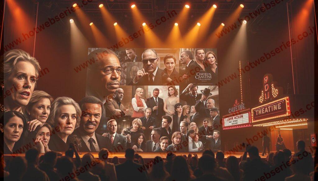 A grand, cinematic stage set, illuminated by warm, dramatic lighting. In the foreground, a gallery of iconic film performances, each actor capturing a timeless moment of emotion, intensity, and cinematic mastery. Meryl Streep, Robert De Niro, Denzel Washington, Cate Blanchett - their faces etched with the weight of their legendary roles. In the middle ground, a collage of iconic film scenes, from Humphrey Bogart's world-weary cynicism to Audrey Hepburn's timeless elegance. In the background, the silhouettes of classic movie theaters, their marquees glowing with the promise of unforgettable stories. Together, these elements create a tableau that celebrates the enduring power of cinema and the actors whose performances have defined generations.