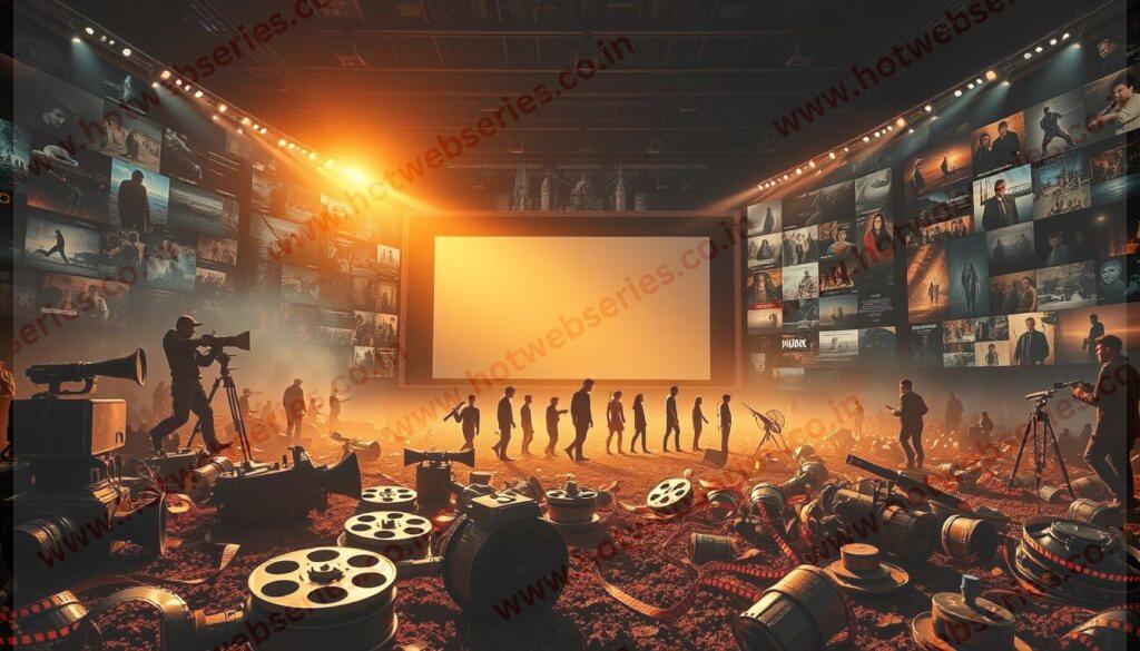 A sprawling cinematic landscape, with a grand movie screen at the center, casting a warm glow over the scene. In the foreground, iconic film reels and vintage camera equipment lay scattered, hinting at the rich history of filmmaking. The middle ground features a dynamic collage of silhouetted figures, representing the evolution of filmmaking techniques, from the early pioneers to the modern visionaries. In the background, a tapestry of film genres unfolds, with snippets of classic scenes and iconic moments from the silver screen. The lighting is dramatic, with a combination of soft, diffused illumination and bold, directional highlights, lending a sense of depth and drama to the composition. The overall atmosphere is one of nostalgia, wonder, and the boundless potential of the cinematic art form.