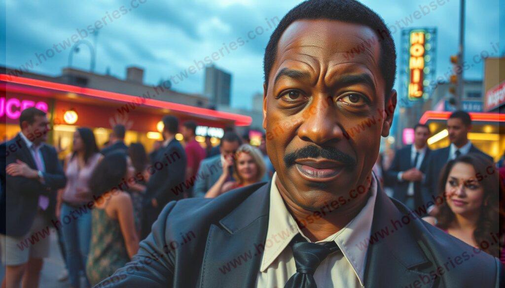 A vibrant comedy film set against a lively urban backdrop. A charismatic Eddie Murphy dominates the foreground, his magnetic presence commanding attention. Dramatic lighting illuminates his expressive features, hinting at the comedic talents that have made him a legendary entertainer. In the middle ground, a supporting cast of colorful characters engaged in humorous situations, complementing Murphy's central performance. The background evokes the energy of a bustling city, with architectural details and a hint of neon-lit nightlife, setting the stage for Murphy's iconic brand of comedy. An overall atmosphere of humor, energy, and cinematic flair.