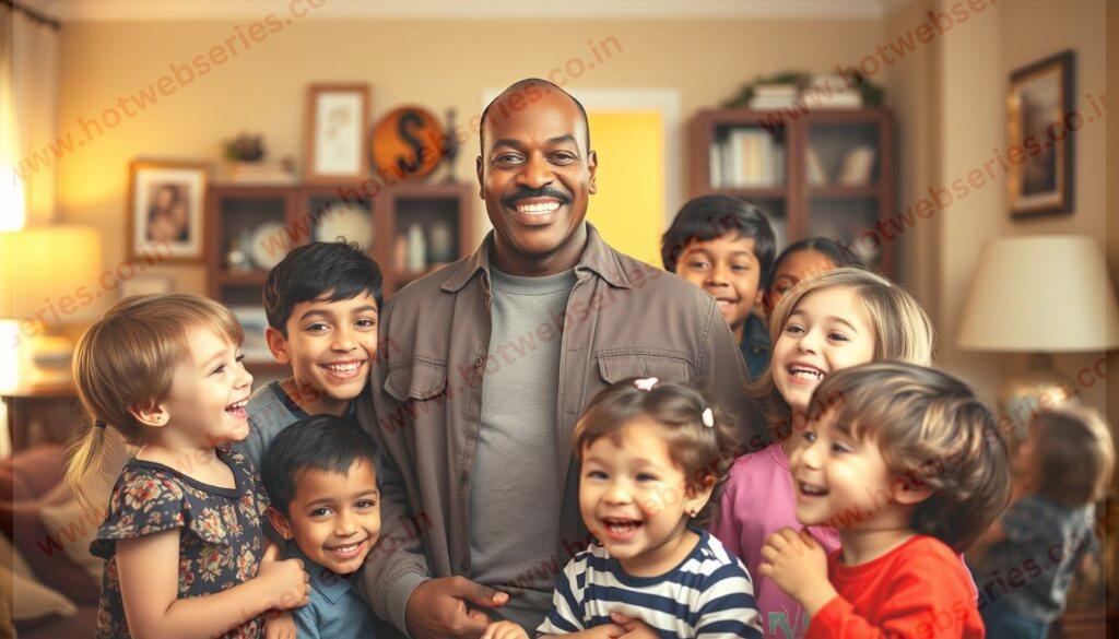 A vibrant family portrait of Eddie Murphy surrounded by his children, set against a warm, inviting home interior. Murphy, dressed in a casual yet stylish ensemble, stands at the center, his face alight with a genuine smile. Around him, his young offspring - ranging from toddlers to teenagers - gather, each captured in a moment of laughter and playfulness. The scene is bathed in soft, golden lighting, creating a cozy, intimate atmosphere. In the background, subtle hints of family mementos and framed photos suggest a life filled with love and cherished moments. The overall composition conveys a sense of joy, togetherness, and the family-friendly spirit that typifies Murphy's most beloved comedic works.