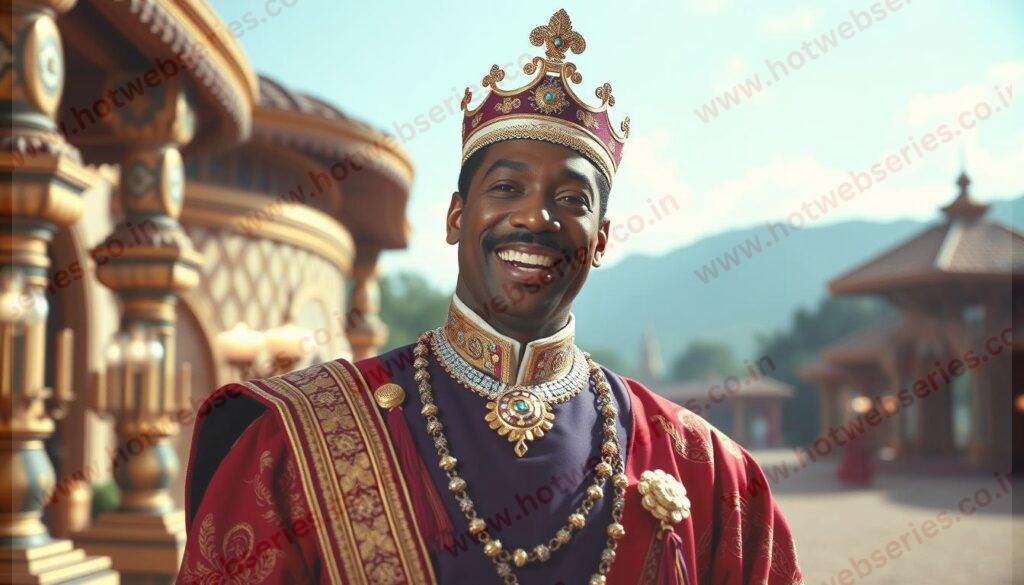 Generate an image of Eddie Murphy as Prince Akeem in Coming to America