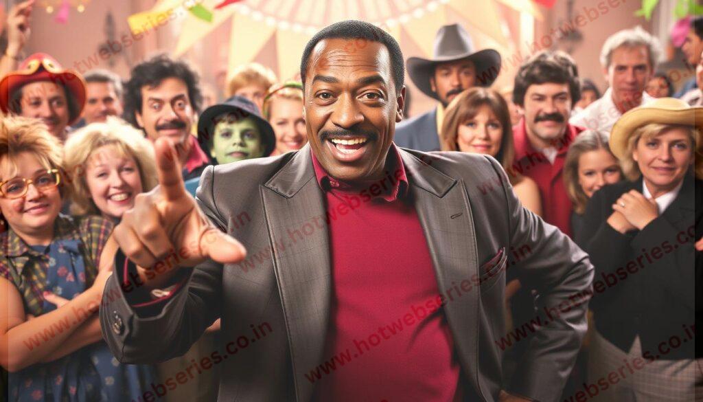 Generate an image of Eddie Murphy in a comedic pose, surrounded by iconic characters from his movies.