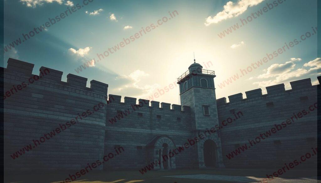 Generate an image of the Shawshank State Penitentiary, with its imposing stone walls and watchtowers, symbolizing hope and redemption.