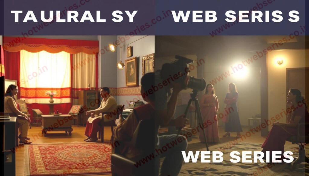 Split screen comparing traditional TV set and web series production